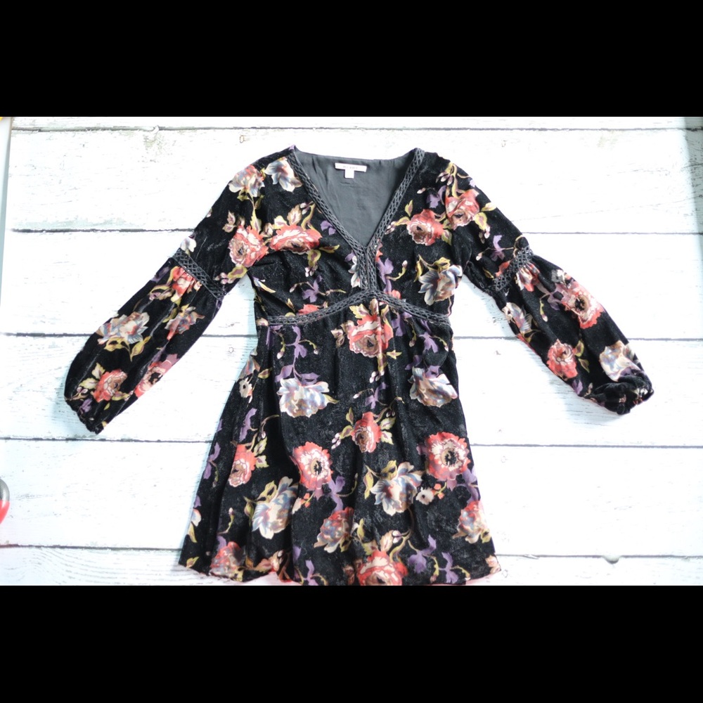 Black velvet floral mini dress